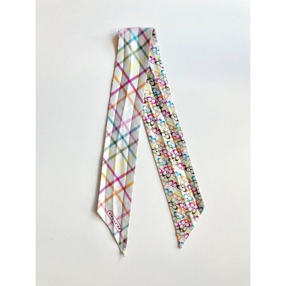 COACH Multi Color Logo Check Print Silk Twill 34" x 2.5" Twilly Skinny Scarf - Picture 4 of 9